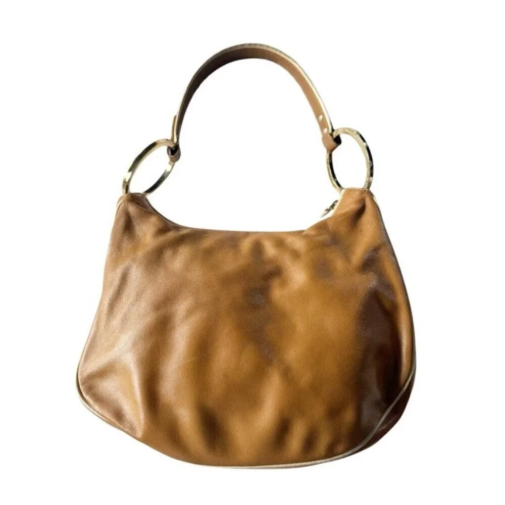 TOD'S Small Tan Leather Pocket Shoulder Hobo Bag Gold Rings Strap Made In Italy